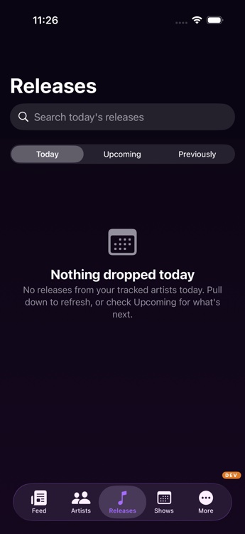 Artist detail view with shows + releases