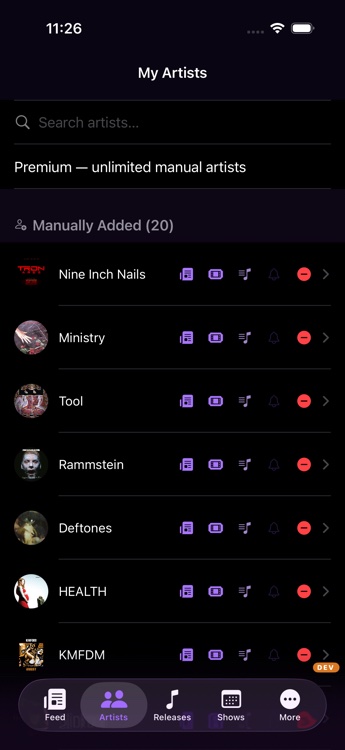 Library of followed artists