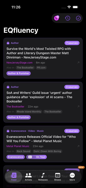 EQfluency news feed showing artist updates